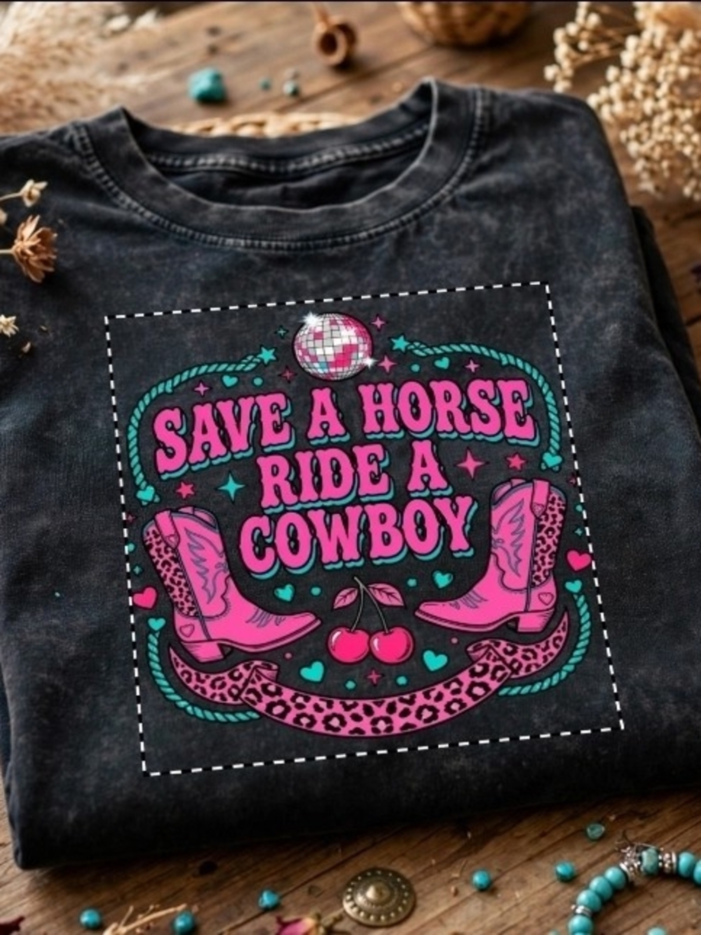 Save A Horse Ride A Cowboy Shirt Western Cowgirl Graphic Tee Pink Boots Disco